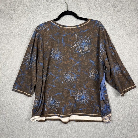 Basic Editions Top Womens 2X Blue Halloween‎ Cat Lady Witch Bats Spiderweb Cozy - Picture 2 of 12